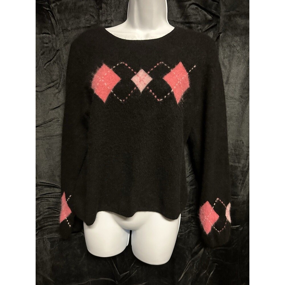 Charter Club, 100% 2-ply Cashmere Black Pink Argyle Sweater Pullover V Neck Sz L